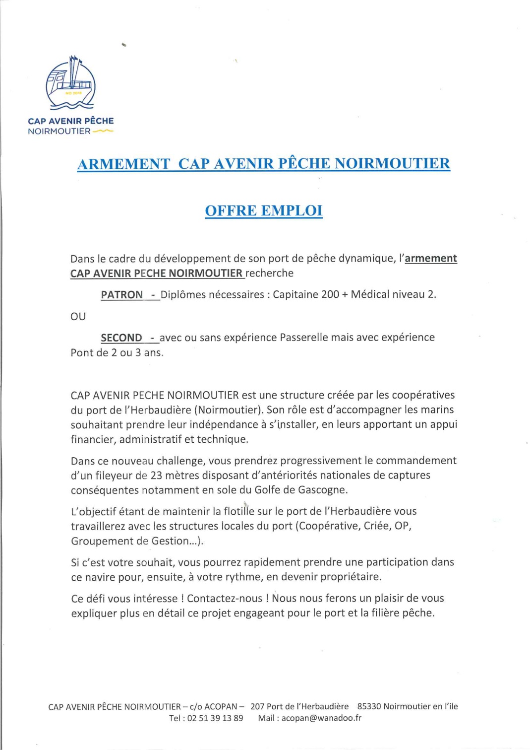 Armement CAP AVENIR PECHE NOIRMOUTIER